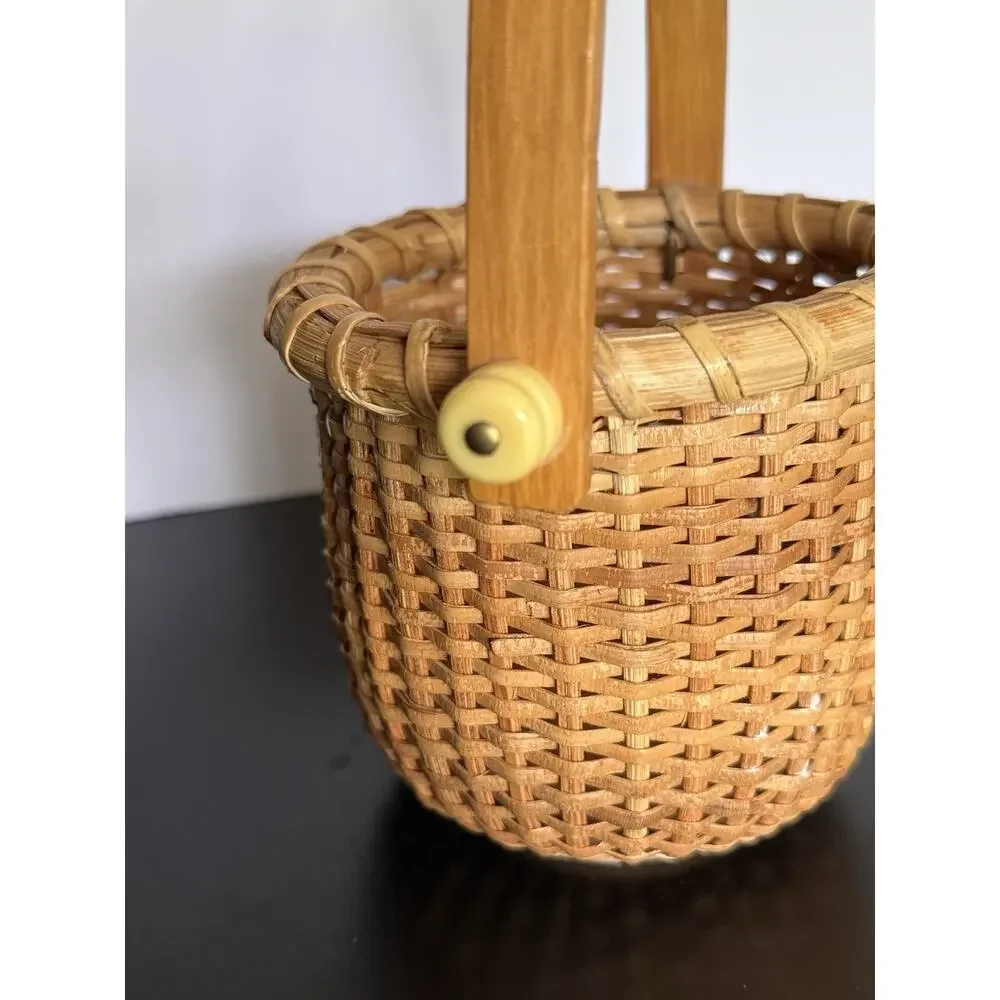 Nantucket Style Mini Swing Handle Basket Woven Wood Base Coastal Decor 3.57”H